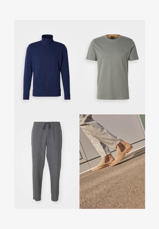 Marineblå sweatshirtr med lynlås og høj krave, lange ærmer, ribbede manchetter og et lille præget logo på venstre bryst, lavet af glat stof.; Grå bomulds t-shirt med korte ærmer og rund halsudskæring. Har et lille firkantet logo-patch på venstre brystområde i en matchende farve.; Grå joggebukser lavet af glat stof, med elastisk talje og snøre, tætsiddende ben og sidelommer.; Brune ruskind Chelsea støvler med elastiske sidepaneler og en glat tan gummisål, parret med lyse grå bukser på en tekstureret overflade.