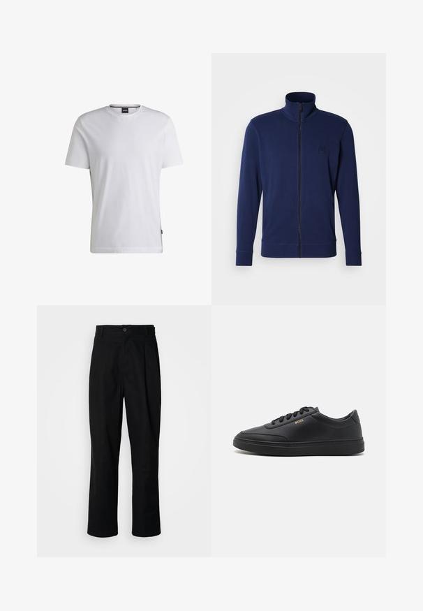 Marineblå sweatshirtr med lynlås og høj krave, lange ærmer, ribbede manchetter og et lille præget logo på venstre bryst, lavet af glat stof.; Hvid T-shirt med korte ærmer lavet af bomuld. Har en rund hals og et diskret mærke på siden. Glat tekstur og enkelt design.; Sorte lige ben bukser med en knaplukket talje, bæltestropper og en frontfold, præsenteret mod en ensfarvet hvid baggrund.; Sorte lædersneakers med en glat overflade, rund tå, flad gummisål og tonede snørebånd. Udstyret med guld "BOSS" branding på siden.