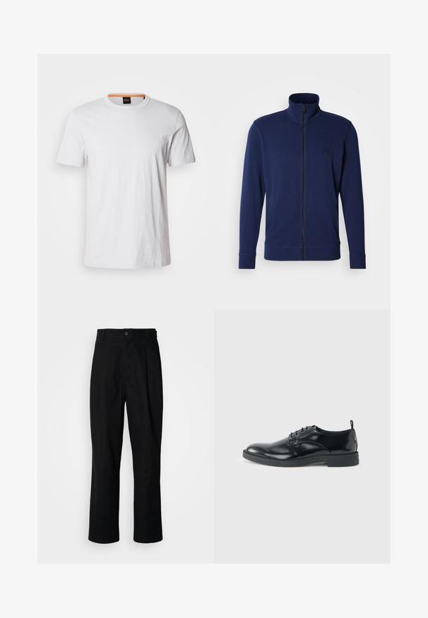 Marineblauer Sweatshirt mit Reißverschluss, hohem Kragen, langen Ärmeln, gerippten Bündchen und einem kleinen, eingeprägten Logo auf der linken Brust, gefertigt aus glattem Stoff.; Weißes T-Shirt mit kurzen Ärmeln aus weicher Baumwolle, mit einem runden Ausschnitt und dezenter Logodetail in passendem Weiß auf der Vorderseite.; Schwarze gerade geschnittene Hosen mit einem Knopfverschluss, Gürtelschlaufen und Vorderfalten, vor einem schlichten weißen Hintergrund präsentiert.; Glänzender schwarzer Lederschuh mit niedrigem Absatz, Schnürverschluss und runder Kappe, seitlich auf hellem, schlichten Hintergrund gezeigt.
