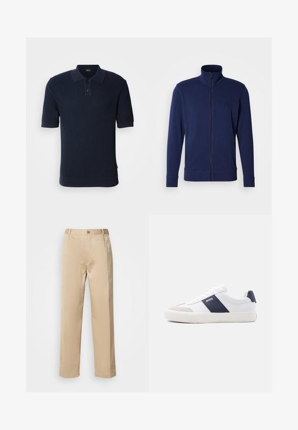 Marineblauwe zip-up sweatshirt met hoge kraag, lange mouwen, geribbelde manchetten en een klein geperst logo op de linkerborst, gemaakt van gladde stof.; Marineblauw ribbed poloshirt met een twee-knops knoopsluiting, korte mouwen en een platte kraag. De stof heeft een gestructureerde afwerking en een getailleerde pasvorm.; Beige broek van lichtgewicht stof, met een rechte pasvorm, tailleband met riemlussen en een enkele knoopsluiting aan de voorkant.; Witte lage sneaker met marineblauwe zijstreep, "BOSS"-logo, beige neuskap en witte zool, in profiel weergegeven tegen een lichte achtergrond.