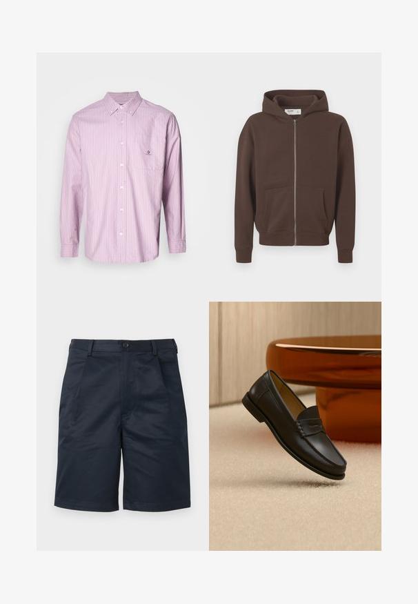 Sudadera marrón con cremallera hecha de una tela suave. Cuenta con un bolsillo tipo canguro, puños de canalé y una capucha con cordón para un ajuste ajustable.; Camisa de botones de manga larga en rosa claro con rayas verticales blancas, tela de algodón, cuello, bolsillo frontal y detalle de logo en el bolsillo.; Pantalones cortos a medida de color azul marino con botón delantero, trabillas para el cinturón y bolsillos laterales, mostrados sobre un fondo claro y liso.; Zapato mocasín de cuero negro suspendido sobre una alfombra beige con muebles modernos de color ámbar en el fondo.