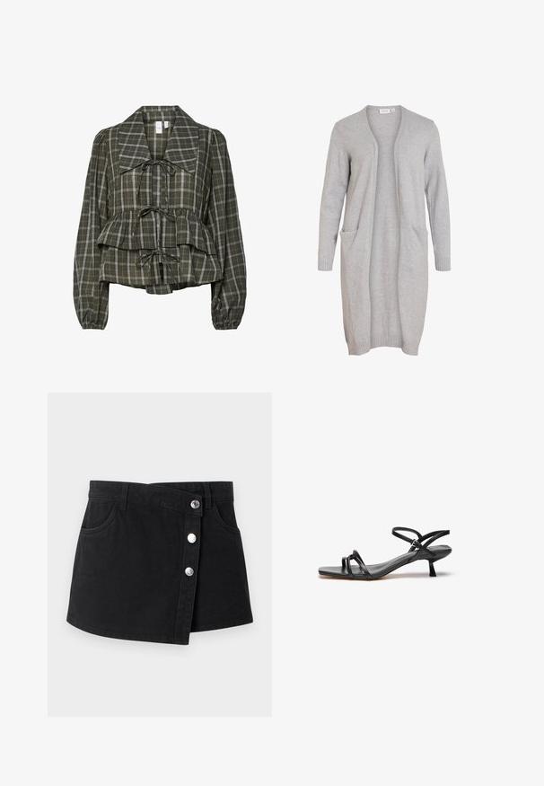Cárdigan gris de frente abierto hecho de material suave, con mangas largas, puños acanalados y dos bolsillos frontales. Diseño de corte recto.; Blusa de manga larga a cuadros en verde oliva con collar oversized, cintura fruncida, detalle de peplum y tres lazos atados en la parte delantera.; Minifalda negra de denim con solapa frontal asimétrica, tres botones de presión plateados, trabillas para el cinturón y dos bolsillos laterales.; Sandalia de cuero negro con un diseño elegante y minimalista. Presenta dos correas delgadas y un pequeño tacón inclinado. Textura suave y punta abierta.