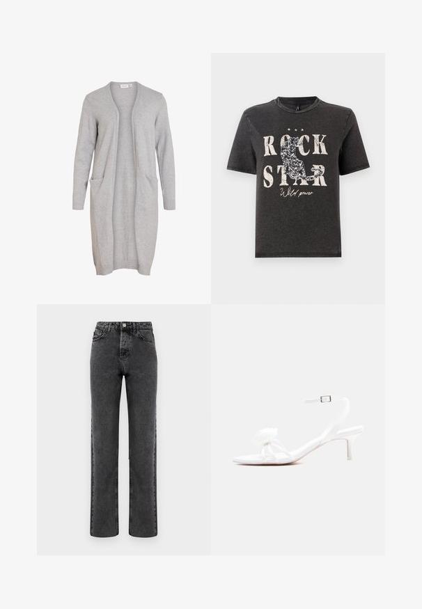 Cárdigan gris de frente abierto hecho de material suave, con mangas largas, puños acanalados y dos bolsillos frontales. Diseño de corte recto.; Camiseta de algodón negra con el texto en blanco "ROCK STAR" en negrita y un diseño de silueta de gato brillante. Cuello redondo y mangas cortas.; Jeans gris de mezclilla de pierna recta con un acabado descolorido, diseño de cinco bolsillos y cierre con botón. Presenta costuras clásicas a lo largo de las costuras.; Sandalia blanca con tiras, tacón bajo tipo kitten, correa con hebilla en el tobillo y una flor decorativa en la tira delantera.