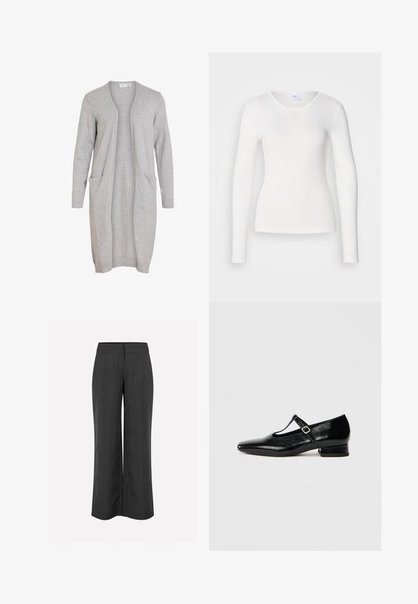 Cardigan gris à ouverture devant, fabriqué dans un matériau doux, avec des manches longues, des poignets côtelés et deux poches avant. Design à coupe droite.; Chemise blanche à manches longues en tissu doux et lisse ; présente un col rond et une coupe ajustée, sans motifs ni embellissements.; Pantalons larges noirs avec des rayures blanches, dotés d'une taille lisse et d'une coupe décontractée pour plus de confort, fabriqués en tissu léger.; Chaussures Mary Jane en cuir noir avec bout pointu, petit talon carré et bride ajustable avec une boucle argentée. Texture lisse et brillante.