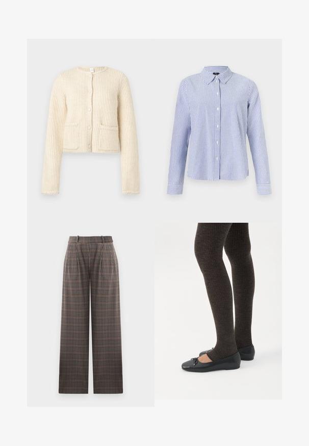Cardigan crème coupé, tissu texturé avec des côtes verticales, fermeture à boutons à l'avant et deux poches plaquées.; Chemise à manches longues boutonnée, avec des rayures verticales blanches et bleu clair et un col pointu, présentée sur un fond uni.; Pantalons à carreaux au design ample, présentant des plis, une taille haute, et un mélange de couleurs marron, noir et bleu clair.; Jambes portant des leggings côtelés foncés associés à des ballerines noires avec de petits détails en nœud sur fond blanc.