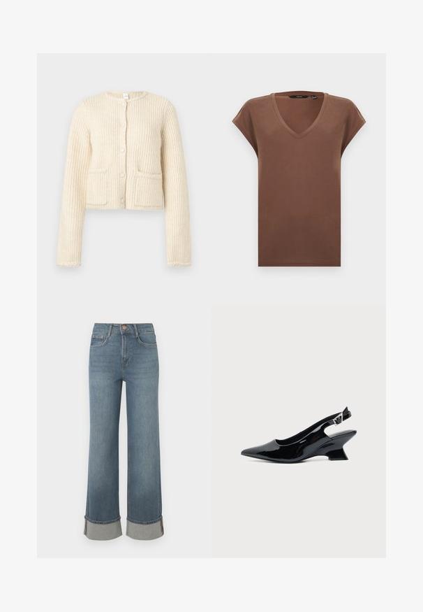 Geknipte crèmekleurige cardigan, gestructureerde stof met verticale ribbels, sluiting met knopen aan de voorkant en twee opgestikte zakken.; Bruin T-shirt met korte mouwen en V-hals, losvallende pasvorm, plat weergegeven tegen een witte achtergrond.; Wijdvallende blauwe denim jeans hebben een hoge taille, opgerolde hems met grijze accenten, een vijf-pocket ontwerp en een knoopsluiting aan de voorkant.; Zwarte lakleren slingback schoen met spitse neus en lage schuine blokhak op een effen lichte achtergrond.