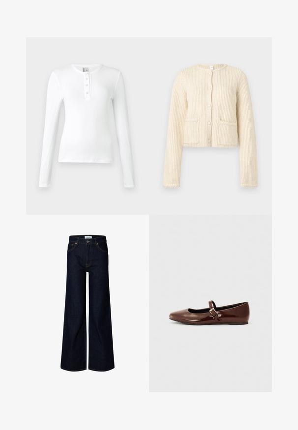 Afskåret cardigan i cremede farver, tekstureret stof med lodrette ribber, frontlukning med knapper og to påsyede lommer.; Hvid langærmet ribbet top med henley-krave, der har tre knapper. Glat tekstur og tætsiddende design.; Mørkeblå bredbenede denimjeans med frontknap og lynlås, bæltestropper og frontlommer, vist på en hvid baggrund.; Brun patentlæder balletflade med firkantet tå og strop med en lille guldbuckle. Glat tekstur, lav hæl og minimalistisk design.
