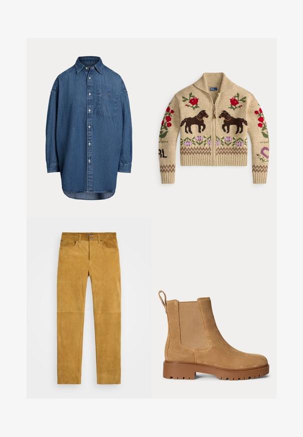 Pull beige en maille avec fermeture éclair, deux chevaux marron, fleurs rouges et motifs floraux violets sur le devant et les manches.; Chemise en denim bleu foncé à boutons. Dotée d'une poche poitrine, de manches longues et d'une coupe décontractée. Détails de couture subtils le long des coutures.; Pantalon en daim beige avec une texture lisse, cinq poches et une coupe droite. Comprend des accessoires en métal au niveau des poches et une fermeture par bouton.; Bottine Chelsea en daim beige avec panneaux latéraux élastiques, languette à l'arrière et semelle épaisse en caoutchouc marron à crampons.