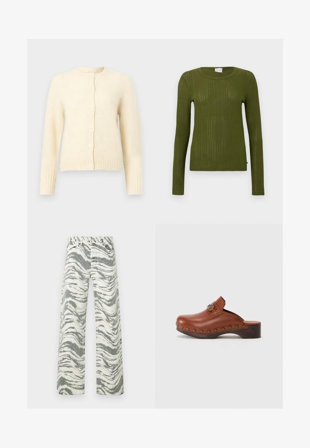 Cardigan en maille couleur crème avec manches longues, encolure ronde, poignets côtelés et fermeture à boutons sur le devant avec six boutons assortis.; Haut à manches longues côtelé vert olive avec un col rond et une coupe ajustée, présentant une brillance subtile et une texture douce, sans logos ni motifs visibles.; Jean taille haute à jambes larges avec imprimé zèbre abstrait noir et blanc et design à cinq poches.; Sabot en cuir marron avec un bout arrondi, des éléments décoratifs métalliques et une semelle en bois. Présente des rivets le long du bord inférieur et un talon bas.