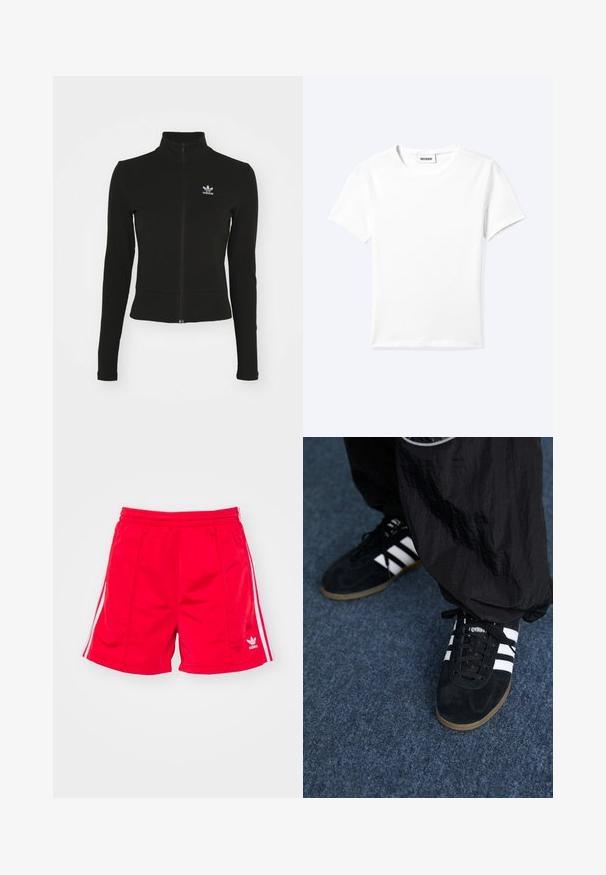 Sort zip-up jakke med lange ærmer, lavet af tekstureret materiale, med et lille blåt Adidas-logo på venstre bryst.; Ensfarvet hvid t-shirt med korte ærmer og rund halsudskæring med en lille "WEEKDAY" label indeni halskanten, vist fladt på en lys baggrund.; Røde sports shorts med elastisk talje, der har hvide sideløbninger og et broderet logo nederst til venstre. Glat tekstur.; Sorte suedetrainingssko med tre hvide striber og sorte snørebånd. Et tekstureret sort bukser er delvist synligt ved siden af skoene.