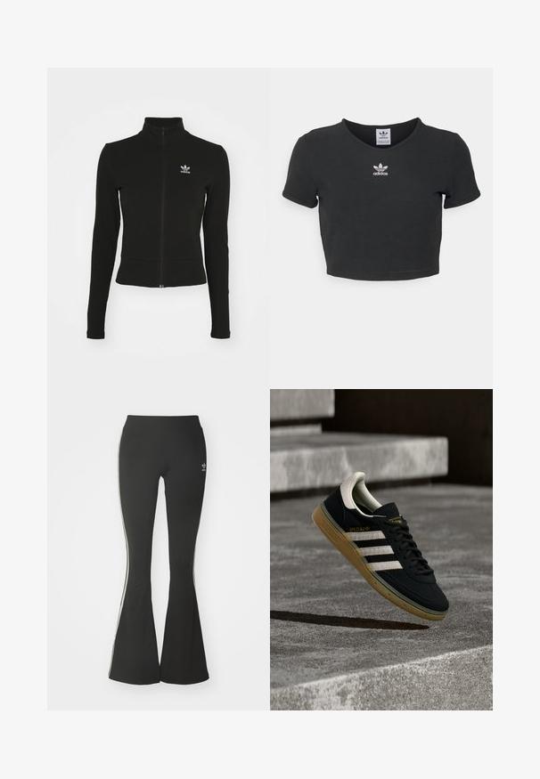 Schwarze Jacke mit Reißverschluss und langen Ärmeln, aus strukturiertem Material, mit einem kleinen blauen Adidas-Logo auf der linken Brust.; Schwarzes, kurzes T-Shirt aus Baumwolle mit rundem Halsausschnitt und kurzen Ärmeln. In der Mitte befindet sich eine weiße Adidas-Logo-Stickerei.; Schwarze ausgestellte Leggings aus Stretchmaterial mit hohem Bund und weißen Seitenstreifen. Inklusive kleinem Logo am Bund.; Schwarzer Sneaker aus Wildleder mit weißen Streifen und goldenem Logo, ausgestattet mit einer strukturierten Gummisohle in Kaugummifarben und einer kontrastierenden cremefarbenen Fersenschlaufe.
