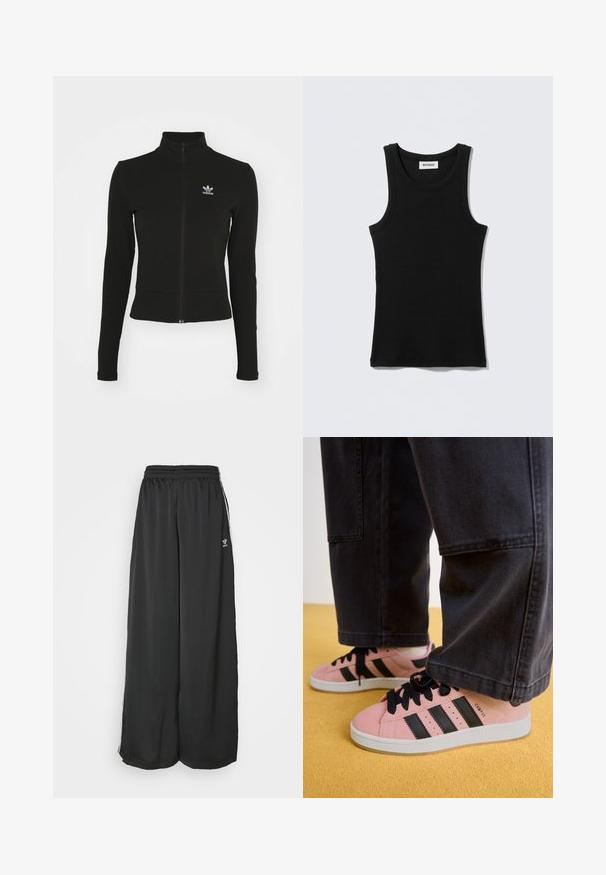 Must mustressede jakk, millel on pikad varrukad ja mis on valmistatud tekstuurilisest materjalist, ning mille vasakul rinnaku kohal on väike sinine Adidas'i logo.; Must puuvillane tank top, millel on ümar kaelus ja karedad rihmad. Lihtne disain, puuduvad mustrid või aktsendid.; Mustad, vabalt langevad spordipüksid, mis on valmistatud siledast kangast. Omab elastset vöökoht ja külgedel triibusid koos logo aktsentidega.; Roosad nahast tossud mustade triipudega ja mustade paelatega. Tallad on valged. Kombineeritud mustade laiade pükstega kollase põranda peal.