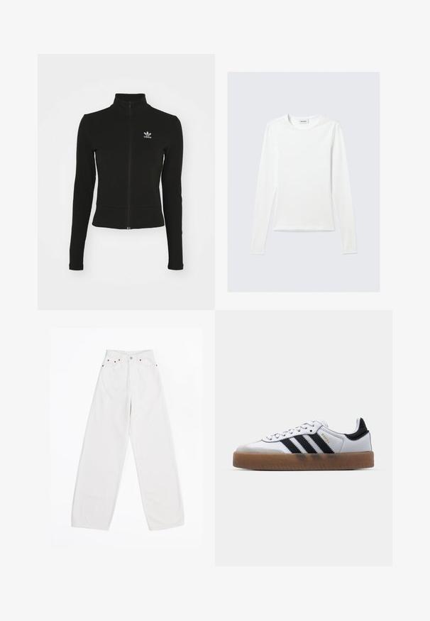 Zwarte zip-up jas met lange mouwen, gemaakt van textuurmateriaal, met een klein blauw Adidas-logo op de linkerborst.; Effen wit shirt met lange mouwen en ronde hals, slim fit, afgebeeld tegen een lichtgrijze achtergrond.; Witte wijde jeans van denim, met vijf zakken, koperen details en een knoopsluiting aan de voorkant. Glad textuur en rechte snit.; Witte leren sneakers met zwarte strepen, gumrubberen buitenzool, ronde neus, vetersluiting en een zachte grijze suède neuskap.