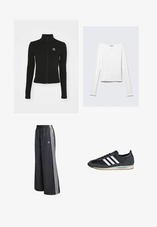 Čierna zipsová bunda s dlhými rukávmi, vyrobená z textúrovaného materiálu, s malým modrým logom Adidas na ľavej hrudi.; Biela blúzka s dlhým rukávom a prekríženým dizajnom, s vreckom. Vyrobená z hladkej, elastickej látky. Strih v uvoľnenom, voľnom štýle.; Čierne športové nohavice z ľahkého materiálu, s tromi bielymi vertikálnymi pruhmi a elastickým pásom so sťahovacou šnúrkou.; Čierne a šedé tenisky s vrchom z semišu a sieťoviny, so všetkými tromi bielymi pruhmi, gumovou podrážkou a zeleným akcentom na medzipodrážke.