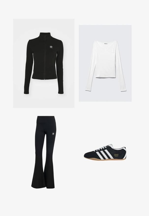Čierna zipsová bunda s dlhými rukávmi, vyrobená z textúrovaného materiálu, s malým modrým logom Adidas na ľavej hrudi.; Biela blúzka s dlhým rukávom a prekríženým dizajnom, s vreckom. Vyrobená z hladkej, elastickej látky. Strih v uvoľnenom, voľnom štýle.; Čierne rebrované legíny s rozšírenými nohavicami a širokým pásom, s malým bielym logom Adidas na hornej ľavej strane. Mäkkučký textilný materiál.; Čierne semišové tenisky s bielymi tromi pruhmi, zlatým logom a hnedou gumovou podrážkou. Disponujú nízkym šnurovacím dizajnom.
