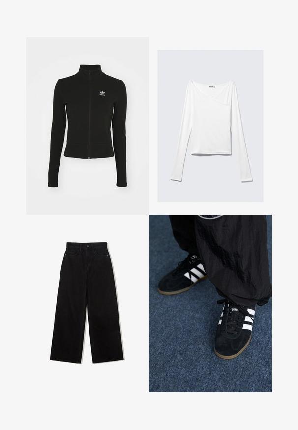 Schwarze Jacke mit Reißverschluss und langen Ärmeln, aus strukturiertem Material, mit einem kleinen blauen Adidas-Logo auf der linken Brust.; Weißes Langarmoberteil mit einem Überlappungsdesign und einer Tasche. Hergestellt aus einem glatten, elastischen Material. In einem lässigen, entspannten Schnitt.; Schwarze, weit geschnittene Jeans aus Denim mit hoher Taille, die ein Fünf-Taschen-Design und einen einzelnen Knopfverschluss vorne aufweist.; Schwarze Wildleder-Sportschuhe mit drei weißen Streifen und schwarzen Schnürsenkeln. Eine strukturierte schwarze Hose ist teilweise neben den Schuhen sichtbar.