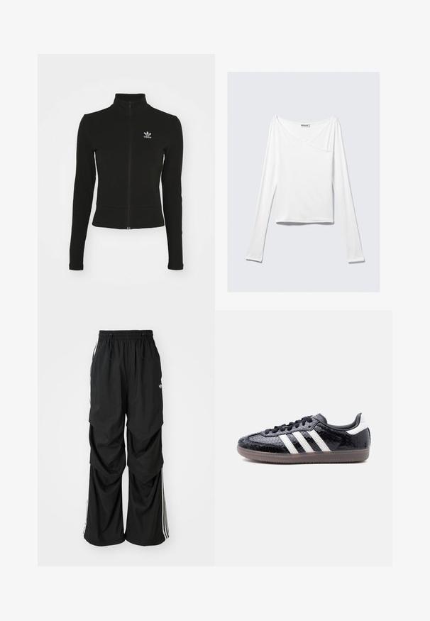 Must mustressede jakk, millel on pikad varrukad ja mis on valmistatud tekstuurilisest materjalist, ning mille vasakul rinnaku kohal on väike sinine Adidas'i logo.; Valge pika varrukaga topp, millel on ristatud disain ja tasku. Valmistatud siledast ja venivast kangast. Lõige on kaunis ja lõdva sobivusega.; Mustad, lõdvasti istuvad püksid elastse vöökohaga, nööriga ja valgete külgribadega; valmistatud kerge materjaliga, millel on sile tekstuur.; Madalprofiilne must toss, mille peal on tekstuuriga madu-nahaimitatsioon, külgedel valged triibud, mustad paelad ja läbipaistev pruun tall.