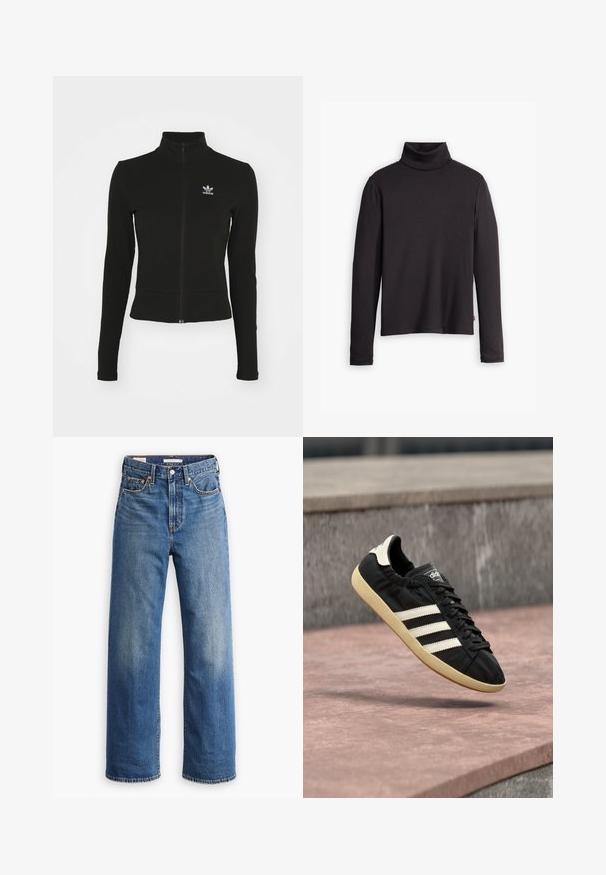 Doudoune noire zippée avec manches longues, fabriquée en matériau texturé, affichant un petit logo Adidas bleu sur la poitrine gauche.; Pull en maille côtelée noir à col roulé, avec des manches longues et une coupe ajustée. Texture douce, légère élasticité et une étiquette sur le côté inférieur.; Jean en denim bleu clair avec une taille haute, une coupe à jambes larges, un style classique à cinq poches et un léger délavage sur le tissu.; Baskets Adidas noires avec des bandes blanches et une semelle beige, capturées en plein air au-dessus d'une surface en pierre et d'un mur en pierre en arrière-plan.