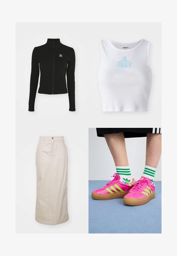 Čierna zipsová bunda s dlhými rukávmi, vyrobená z textúrovaného materiálu, s malým modrým logom Adidas na ľavej hrudi.; Biely rebrovaný crop top s okrúhlym výstrihom a svetlomodrým logom "OBEY" umiestneným na hrudi. Hladká textúra a priliehavý strih.; Béžová sukňa s pruhmi a vysokým pásom, skrytý zips a kovové zapínanie na gombík. Obsahuje malú značkovú etiketu na prednej strane.; Jasne ružové tenisky so zelenými pruhmi, gumovou podrážkou a štruktúrovaným zvrškom. Nosené s bielymi ponožkami so zelenými pruhmi a logom.