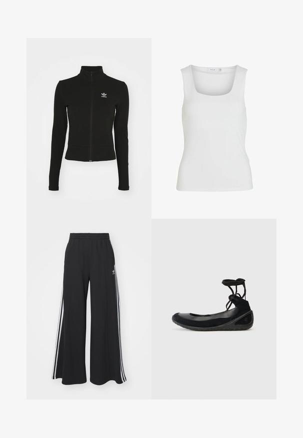 Doudoune noire zippée avec manches longues, fabriquée en matériau texturé, affichant un petit logo Adidas bleu sur la poitrine gauche.; Débardeur blanc sans manches avec un décolleté carré, texture lisse et design ajusté. Fabriqué en tissu léger.; Pantalon large noir avec taille élastique, comportant trois bandes blanches le long des côtés extérieurs et un petit logo à l'avant.; Des ballerines noires en suède, avec une semelle en caoutchouc et des lacets entrecroisés. Présentant un bout rond et une accent latéral texturé.