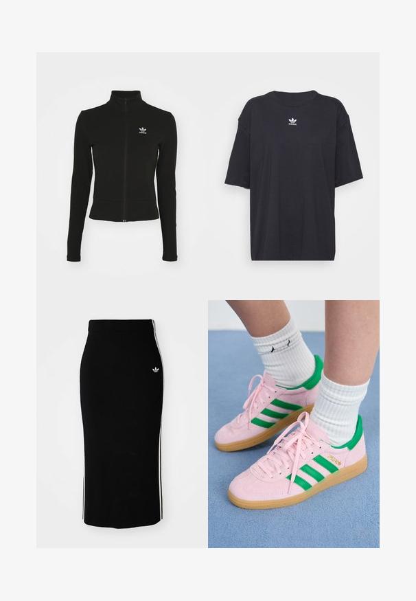 Chaqueta negra con cremallera y mangas largas, hecha de material texturizado, que presenta un pequeño logo azul de Adidas en el lado izquierdo del pecho.; Camiseta de algodón negra con mangas cortas, cuello redondo, presenta un logo blanco de Adidas en el pecho. Diseño simple, ajuste relajado.; Falda midi negra con diseño ajustado, que presenta franjas laterales blancas y un pequeño emblema blanco en el lado izquierdo.; Zapatillas de ante rosa con rayas y acentos verdes, que cuentan con una suela de goma. Usadas con calcetines blancos de canalé. La vista en primer plano enfatiza los detalles.