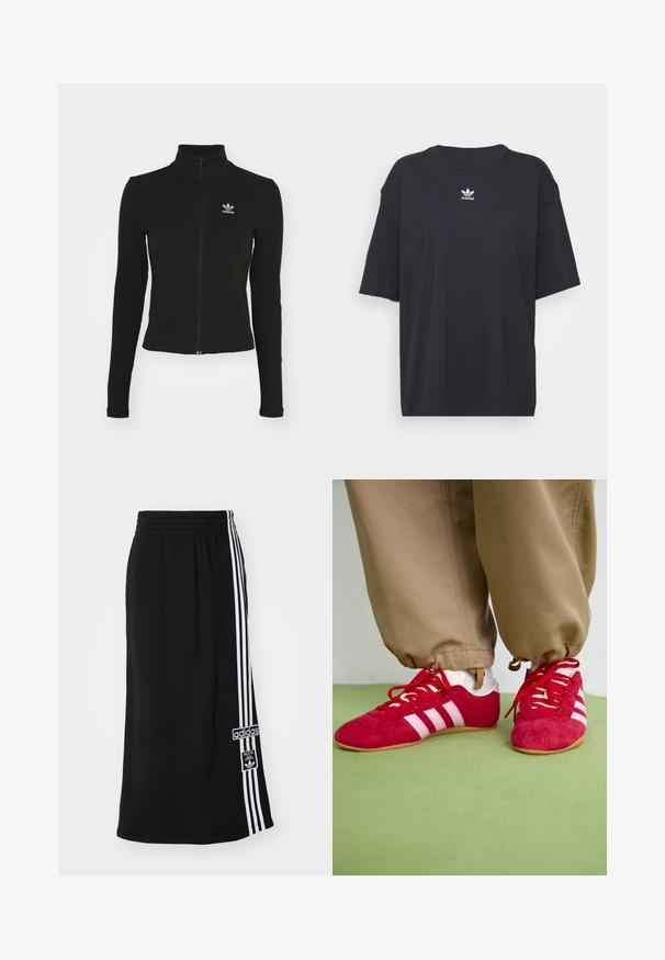 Zwarte zip-up jas met lange mouwen, gemaakt van textuurmateriaal, met een klein blauw Adidas-logo op de linkerborst.; Zwarte katoenen T-shirt met korte mouwen, ronde halslijn, voorzien van een wit Adidas-logo op de borst. Eenvoudig ontwerp, comfortabele pasvorm.; Zwarte sportrok met een elastische tailleband, voorzien van drie witte strepen aan de zijkant en een Adidas logo patch. Gladde stoftextuur.; Rode suède sportschoenen met witte strepen, vlakke rubberen zool en rode veters. Draag met beige broeken, gepositioneerd op een groene ondergrond.