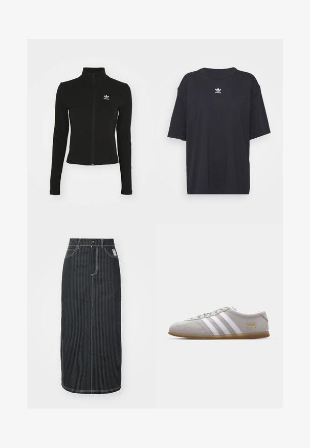 Sort zip-up jakke med lange ærmer, lavet af tekstureret materiale, med et lille blåt Adidas-logo på venstre bryst.; Sort bomulds t-shirt med korte ærmer, rund halsudskæring, med et hvidt Adidas-logo på brystet. Enkel design, afslappet pasform.; Sort denim midi-nederdel med hvide lodrette striber. Har en knapliv, to forlommer og kontrastsyninger. Lige snit design.; Grå suedestøvle med hvide læderstriber og guldlogo-detalje. Flad gummisål, rund tå og klassisk snølukkedesign.