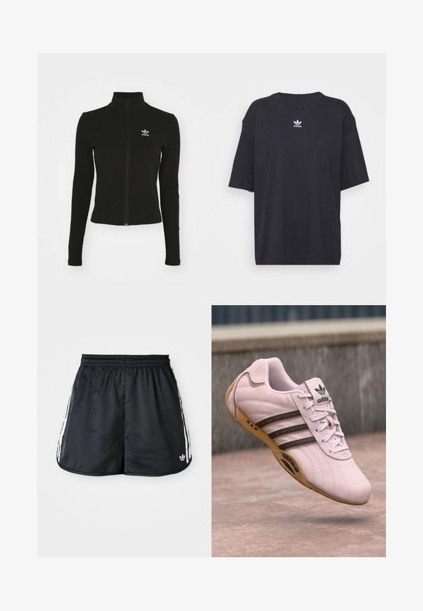Doudoune noire zippée avec manches longues, fabriquée en matériau texturé, affichant un petit logo Adidas bleu sur la poitrine gauche.; T-shirt en coton noir à manches courtes, col rond, avec un logo Adidas blanc sur la poitrine. Design simple, coupe décontractée.; Shorts de sport noirs avec une taille élastique, accents blancs à trois bandes sur les côtés et un petit logo en bas de l'ourlet.; Baskets en daim rose avec semelle en caoutchouc, comportant trois rayures foncées, des lacets et le logo Adidas sur la languette. Design à bout rond.