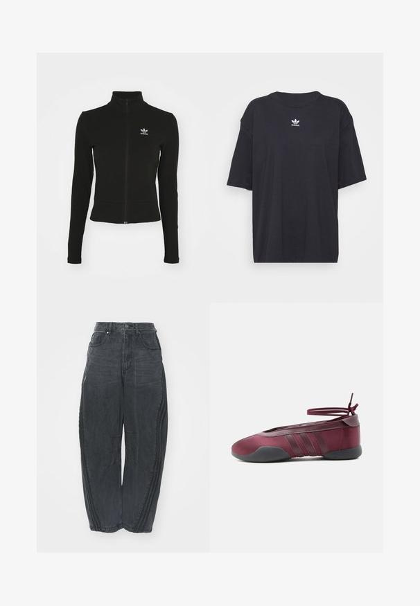 Čierna zipsová bunda s dlhými rukávmi, vyrobená z textúrovaného materiálu, s malým modrým logom Adidas na ľavej hrudi.; Čierne bavlnené tričko s krátkymi rukávmi, okrúhlym výstrihom, na hrudi s bielym logom Adidas. Jednoduchý dizajn, voľný strih.; Voľné čierne denimové džínsy so zosušeným povrchom, piatimi vreckami, zapínaním na gombík v páse a prešívaním na prednej strane a po stranách.; Burgundské balerínky s čiernou podrážkou, elastickými remienkami na členku zviazanými do mašle a prešívanými detailmi na bokoch, zobrazené z vonkajšej strany.