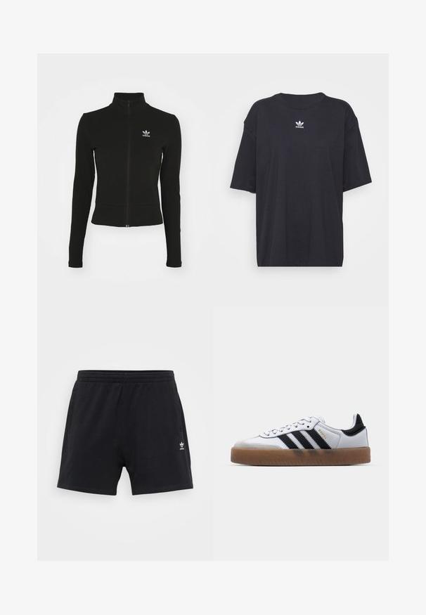 Čierna zipsová bunda s dlhými rukávmi, vyrobená z textúrovaného materiálu, s malým modrým logom Adidas na ľavej hrudi.; Čierne bavlnené tričko s krátkymi rukávmi, okrúhlym výstrihom, na hrudi s bielym logom Adidas. Jednoduchý dizajn, voľný strih.; Čierne atletické šortky z bavlny, s elastickým pásom, dvoma bočnými vreckami a malým bielym logom na ľavom stehne.; Biele kožené tenisky s čiernymi pruhmi, gumová podrážka, okrúhla špička, šnurovanie a mäkký sivý semišový špička.