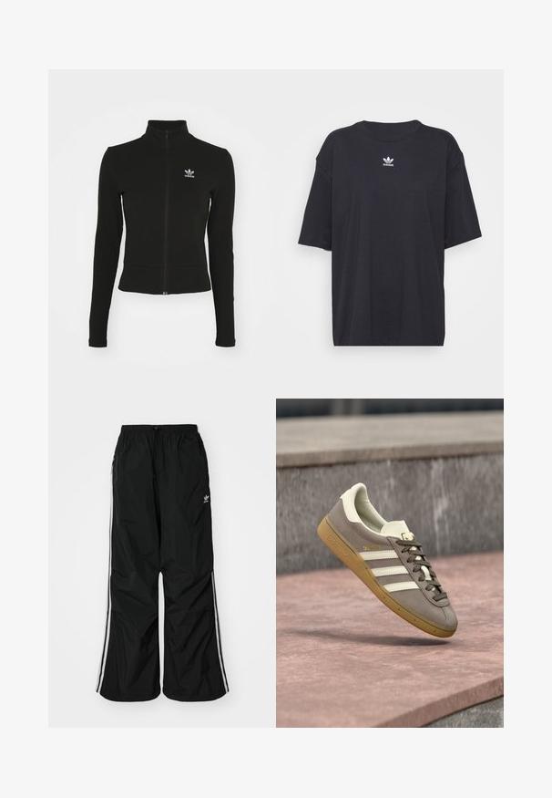 Sort zip-up jakke med lange ærmer, lavet af tekstureret materiale, med et lille blåt Adidas-logo på venstre bryst.; Sort bomulds t-shirt med korte ærmer, rund halsudskæring, med et hvidt Adidas-logo på brystet. Enkel design, afslappet pasform.; Sorte vindjakke-bukser med elastisk talje, snøre, hvide side-striber, løs pasform og en lille logo på venstre side.; Lysebrun ruskinds Adidas-sneaker med hvide striber og gummisål, svævende over lyserøde stentrapper udendørs.