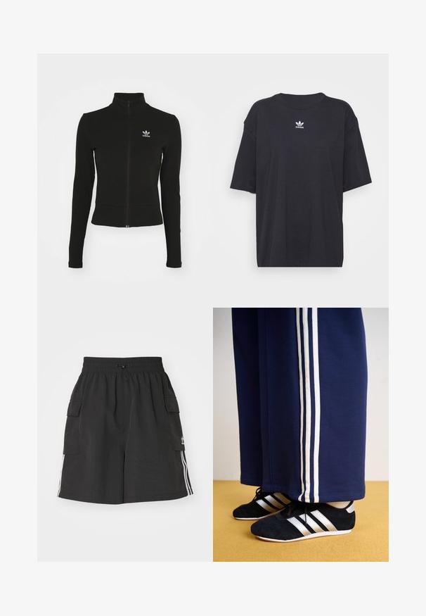 Čierna zipsová bunda s dlhými rukávmi, vyrobená z textúrovaného materiálu, s malým modrým logom Adidas na ľavej hrudi.; Čierne bavlnené tričko s krátkymi rukávmi, okrúhlym výstrihom, na hrudi s bielym logom Adidas. Jednoduchý dizajn, voľný strih.; Čierne cargo šortky vyrobené z ľahkého materiálu, s elastickým pásom, sťahovaním na šnúrku, bočnými vreckami a bielymi bočnými pruhmi.; Námornícke tepláky s tromi bielymi vertikálnymi pruhmi a čiernymi atletickými topánkami so striebornými pruhmi a textúrovaným povrchom. Žltá podlaha.