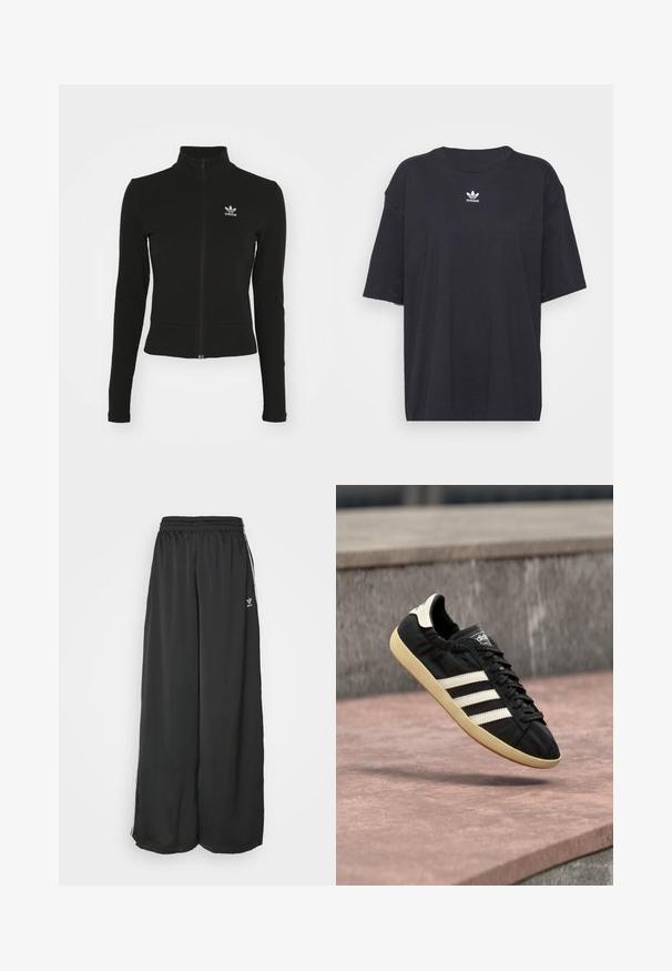 Čierna zipsová bunda s dlhými rukávmi, vyrobená z textúrovaného materiálu, s malým modrým logom Adidas na ľavej hrudi.; Čierne bavlnené tričko s krátkymi rukávmi, okrúhlym výstrihom, na hrudi s bielym logom Adidas. Jednoduchý dizajn, voľný strih.; Čierne široké tréningové nohavice vyrobené z hladkej látky. Obsahujú elastický pás a bočné pruhy s logom.; Čierna teniska Adidas s bielymi pruhmi a béžovou podrážkou, zachytená vo vzduchu nad kamenným povrchom a kamennou stenou v pozadí.