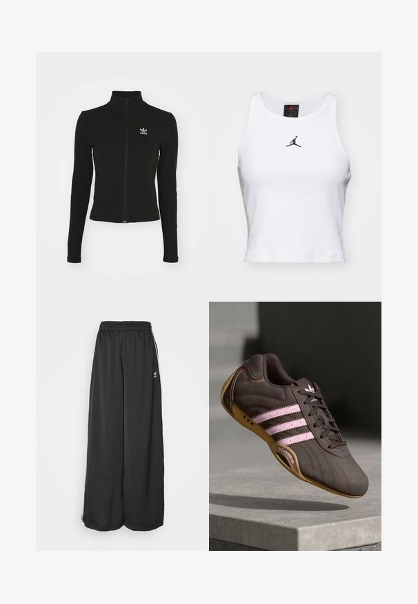 Sort zip-up jakke med lange ærmer, lavet af tekstureret materiale, med et lille blåt Adidas-logo på venstre bryst.; Hvid cropped tanktop lavet af bomuld med ribbet tekstur. Har et sort Jordan-logo i midten og en klassisk rund halsudskæring.; Sorte løstsiddende træningsbukser lavet af glat stof. Har en elastisk talje og sidelogsstriber med logoaccents.; Brune ruskind atletik sko med pink striber og logo, med en tekstureret overdel, snørebåndslukning og en gummirubbersål.