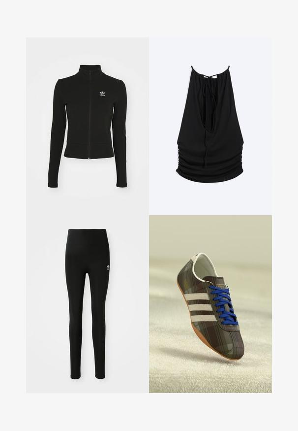 Zwarte zip-up jas met lange mouwen, gemaakt van textuurmateriaal, met een klein blauw Adidas-logo op de linkerborst.; Zwarte mouwloze top met geplooide stof, diepe V-vormige achterkant en dunne schouderbandjes die boven op de rug zijn gestrikt.; Zwarte legging van rekbaar materiaal met een hoge taille, voorzien van een klein wit Adidas-logo op het linkerbeen. Gladde textuur.; Bruine geruite sportschoenen met blauwe veters, drie witte strepen en een glad oppervlak, met een lichtbruine rubberen zool.
