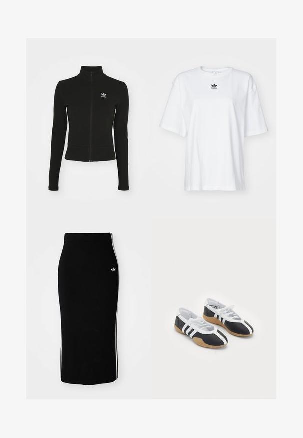 Čierna zipsová bunda s dlhými rukávmi, vyrobená z textúrovaného materiálu, s malým modrým logom Adidas na ľavej hrudi.; Biele tričko s krátkym rukávom vyrobené z bavlny. Má okrúhly výstrih a malé čierne logo Adidas na hrudi. Priamy strih spodného lemu.; Čierna rebrovaná midi sukňa s priliehajúcim strihom, s bielymi bočnými pruhmi a malým bielym emblémom na ľavej strane.; Čierne a biele športové topánky s elegantným dizajnom, gumovou podrážkou, šnurovaním a tromi bielymi prúžkami na bokoch.
