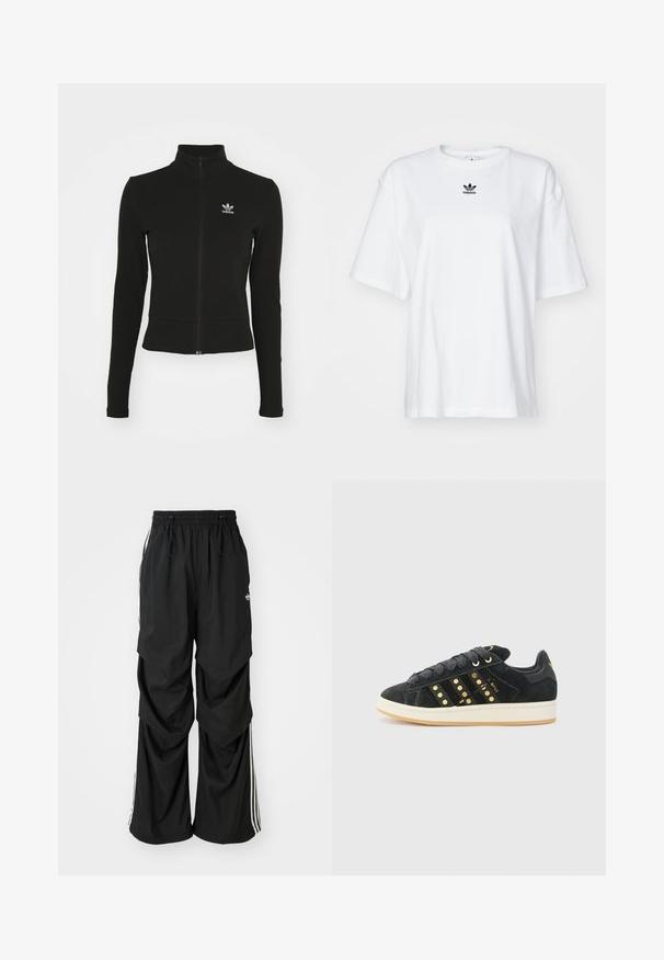 Sort zip-up jakke med lange ærmer, lavet af tekstureret materiale, med et lille blåt Adidas-logo på venstre bryst.; Hvid kortærmet t-shirt lavet af bomuld. Har en rund halsudskæring og et lille sort Adidas-logo på brystet. Lige skåret kant.; Sorte løstsiddende bukser med elastisk talje, snøre og hvide sidestriber; lavet af letvægtsstof med en glat tekstur.; adidas Originals CAMPUS 00S W - Sneakers - core black/carbon/gold-coloured