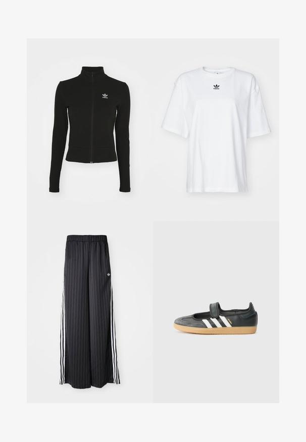 Chaqueta negra con cremallera y mangas largas, hecha de material texturizado, que presenta un pequeño logo azul de Adidas en el lado izquierdo del pecho.; Camiseta blanca de manga corta hecha de algodón. Cuenta con un cuello redondo y un pequeño logo negro de Adidas en el pecho. Dobladillo recto.; Pantalones negros de pierna ancha con rayas blancas verticales, cinturilla elástica y tres rayas blancas a lo largo del lado. Logo de Adidas en la parte frontal.; Zapatilla de deporte de cuero negro y ante con una correa de Velcro, que presenta tres rayas blancas y una suela de goma, etiquetada "SAMBA" en el lateral.