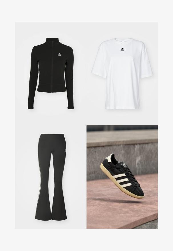 Čierna zipsová bunda s dlhými rukávmi, vyrobená z textúrovaného materiálu, s malým modrým logom Adidas na ľavej hrudi.; Biele tričko s krátkym rukávom vyrobené z bavlny. Má okrúhly výstrih a malé čierne logo Adidas na hrudi. Priamy strih spodného lemu.; Čierne rozšírené legíny z elastickej tkaniny, s vysokým pásom a bielymi bočnými pruhmi. Obsahujú malé logo na páse.; Čierna teniska Adidas s bielymi pruhmi a béžovou podrážkou, zachytená vo vzduchu nad kamenným povrchom a kamennou stenou v pozadí.