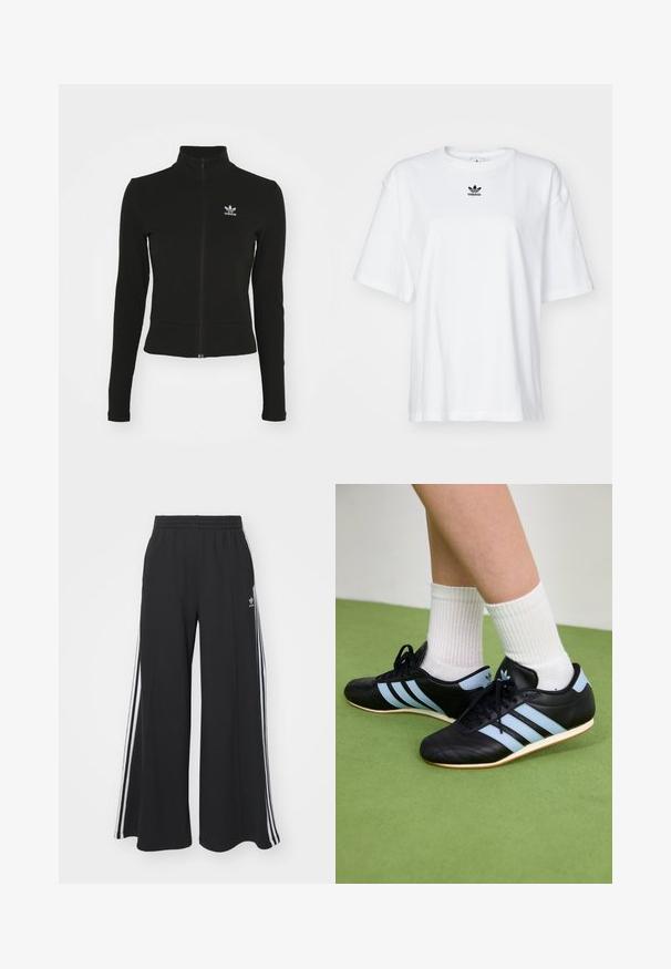 Čierna zipsová bunda s dlhými rukávmi, vyrobená z textúrovaného materiálu, s malým modrým logom Adidas na ľavej hrudi.; Biele tričko s krátkym rukávom vyrobené z bavlny. Má okrúhly výstrih a malé čierne logo Adidas na hrudi. Priamy strih spodného lemu.; Čierne nohavice s širokými nohavicami a elastickým pásom, s tromi bielymi pruhmi po vonkajších stranách a malým logom vpredu.; Čierne kožené športové topánky so svetlomodrými pruhmi, textúrovanými zvrškom a gumovou podrážkou, v kombinácii s bielymi rebrovanými ponožkami na zelenej podlahe.