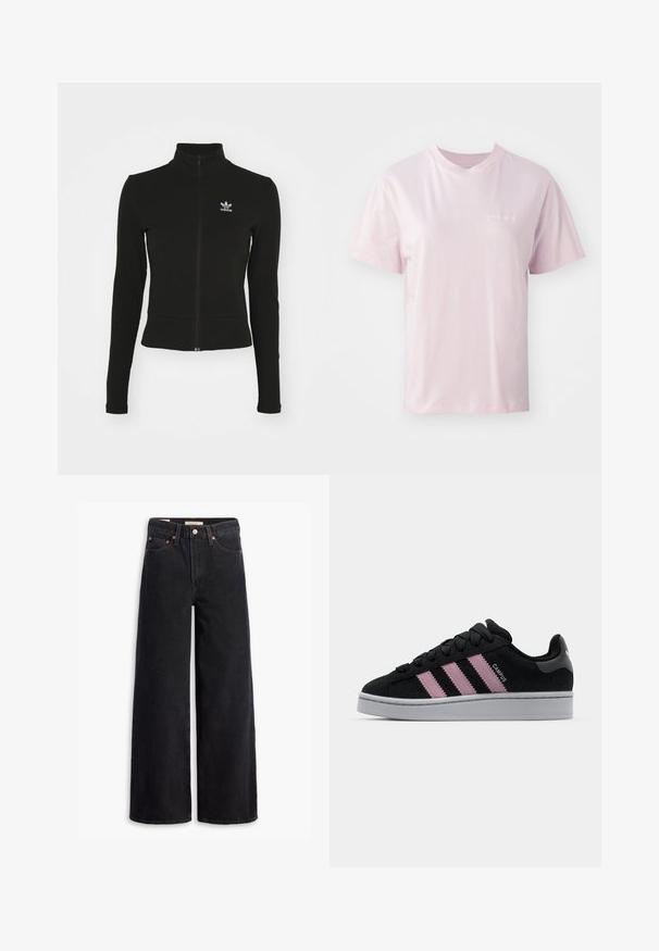 Sort zip-up jakke med lange ærmer, lavet af tekstureret materiale, med et lille blåt Adidas-logo på venstre bryst.; Lyserød bomulds t-shirt med rund hals, korte ærmer og et diskret logo trykt i hvidt på venstre brystområde.; Sorte brede benjeans lavet af denim, med fem lommer, kobbernitter og en klassisk knaplukning. Glat tekstur med et rent design.; Sort ruskinds sneakers med lyserødt tre-stribe design, grå gummisål og struktureret tunge. Har branding på siden og hælen.