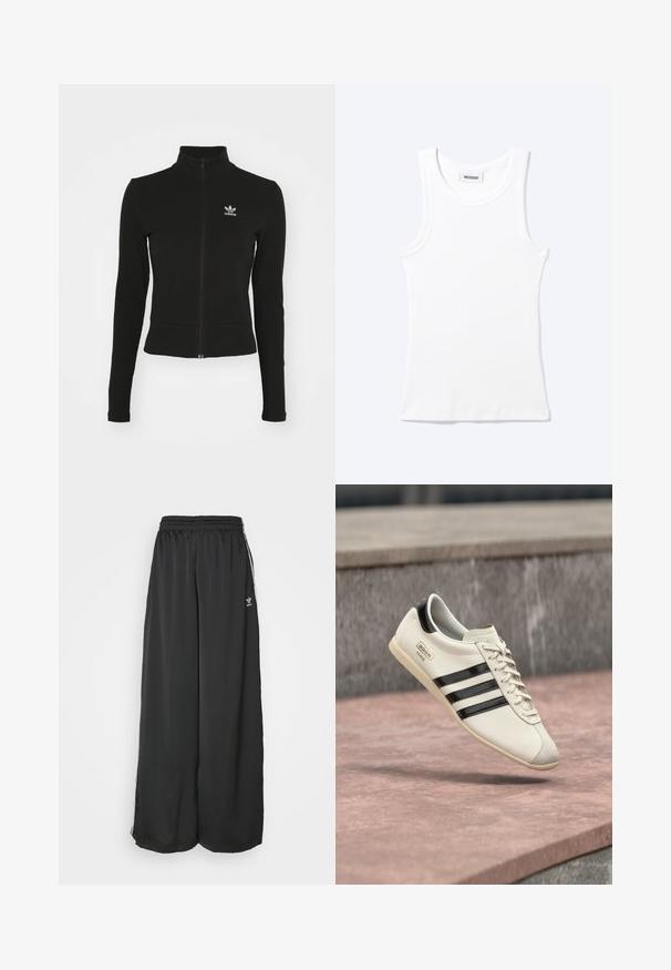 Zwarte zip-up jas met lange mouwen, gemaakt van textuurmateriaal, met een klein blauw Adidas-logo op de linkerborst.; Wit mouwloos geribd tanktopje met ronde hals en een klein label met daarop "WEEKDAY" aan de binnenkant van de kraag.; Zwarte, loszittende trainingsbroek van gladde stof. Voorzien van een elastische tailleband en zijstrepen met logo-accenten.; Witte Adidas sneaker met zwarte strepen en beige zool, zwevend boven een rozeachtig betonnen oppervlak en een grijze stenen achtergrond.