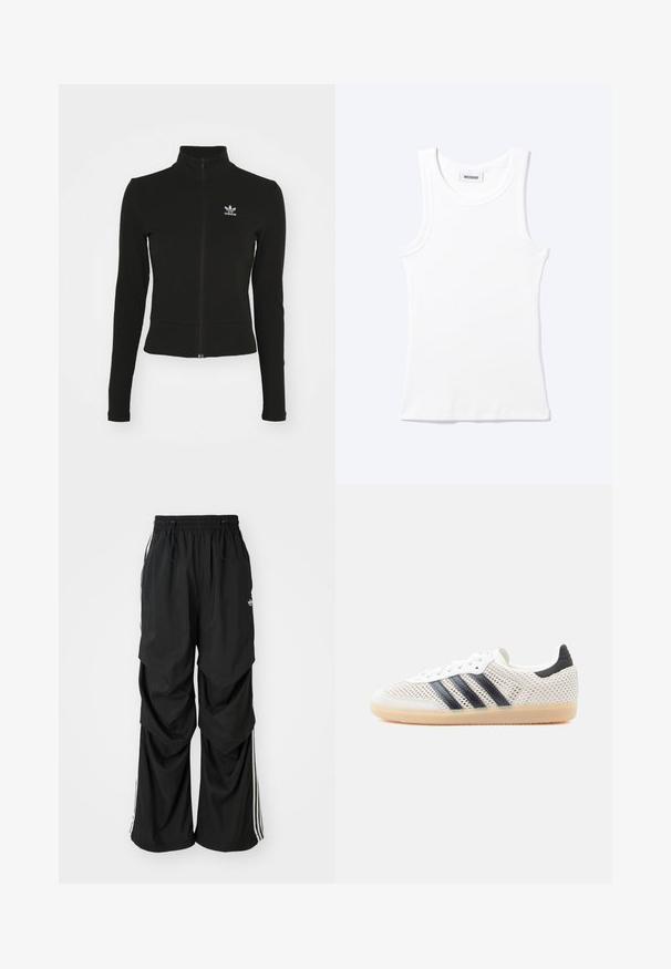 Sort zip-up jakke med lange ærmer, lavet af tekstureret materiale, med et lille blåt Adidas-logo på venstre bryst.; Hvid ærmeløs ribstrikket top med rund halsudskæring og en lille label med teksten "WEEKDAY" indeni kraven.; Sorte løstsiddende bukser med elastisk talje, snøre og hvide sidestriber; lavet af letvægtsstof med en glat tekstur.; Hvide mesh-sneakers med sort tre-stribet design, rundet tå og gummisål. Har blød hælkant og snørelukning.