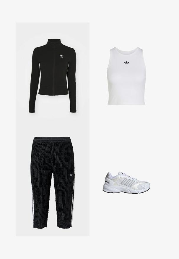 Zwarte zip-up jas met lange mouwen, gemaakt van textuurmateriaal, met een klein blauw Adidas-logo op de linkerborst.; Witte mouwloze crop top met ronde hals en klein zwart Adidas trefoil-logo, gecentreerd onder de kraag.; Zwarte gestructureerde Adidas trainingsbroek met elastische tailleband, witte zijstrepen en een klein wit Adidas-logo op de dij, cropped lengte.; Witte sportschoen met ademend mesh en synthetische materialen, drie zilveren strepen, een getextureerde rubberen zool en een gevoerde kraag.