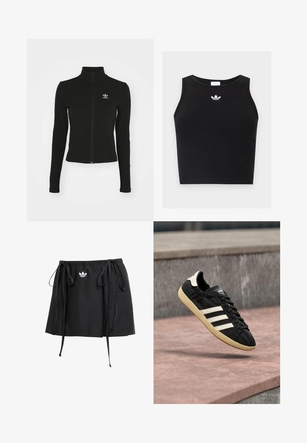 Chaqueta negra con cremallera y mangas largas, hecha de material texturizado, que presenta un pequeño logo azul de Adidas en el lado izquierdo del pecho.; Top corto negro de canalé sin mangas con escote redondo y pequeño logo blanco de Adidas trefoil centrado cerca del cuello.; Falda atlética negra con cordones ajustables, que cuenta con un pequeño logo blanco en la parte frontal. Hecha de una tela ligera con una textura suave.; Zapatilla negra Adidas con rayas blancas y suela beige, capturada en el aire sobre una superficie de piedra y con fondo de muro de piedra.
