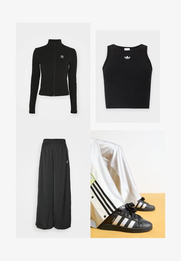 Čierna zipsová bunda s dlhými rukávmi, vyrobená z textúrovaného materiálu, s malým modrým logom Adidas na ľavej hrudi.; Čierny rebrovaný krátky top bez rukávov s okrúhlym výstrihom a malým bielym logom Adidas trefoil umiestneným v strede pri golieri.; Čierne široké tréningové nohavice vyrobené z hladkej látky. Obsahujú elastický pás a bočné pruhy s logom.; Čierne tenisky Adidas Campus so zlatými pruhmi a čiernymi šnúrkami, spárované s bielymi teplákmi so čiernymi pruhmi a logom.