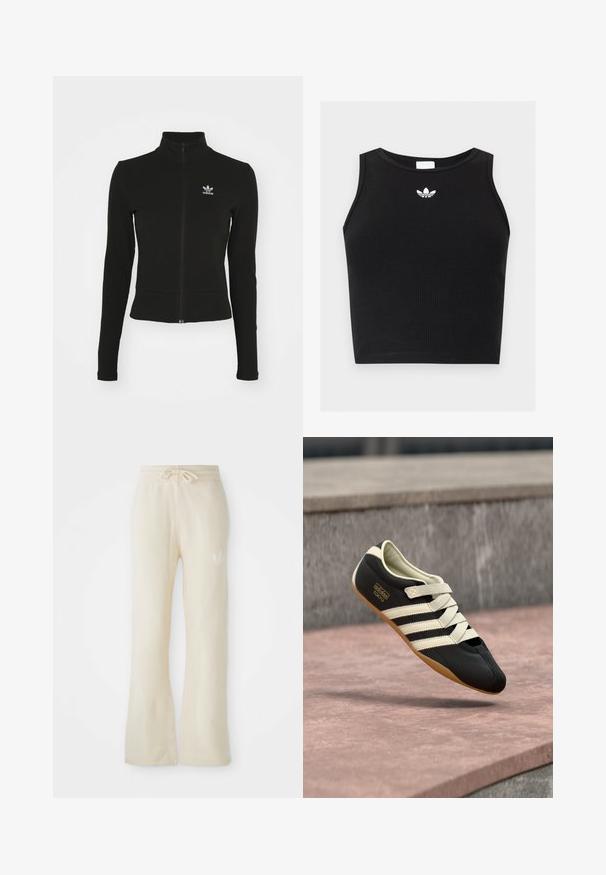 Sort zip-up jakke med lange ærmer, lavet af tekstureret materiale, med et lille blåt Adidas-logo på venstre bryst.; Sort ribbet ærmeløs crop top med rund halsudskæring og lille hvid Adidas trefoil-logo centreret nær kraven.; Cremefarvede sweatpants med en blød tekstur, featuring en snoretræk i taljen og flair ben. Diskret logo detalje på venstre hofte.; Sort atletiksko med cremefarvede striber og snørebånd, med lav profil, glat tekstur og gummisål for godt greb. Mærkeetiket synlig.
