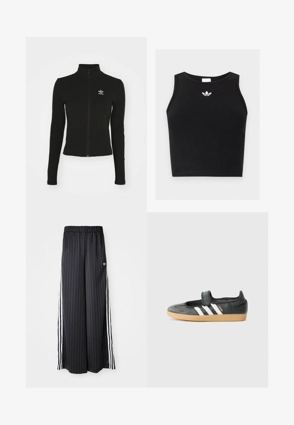 Čierna zipsová bunda s dlhými rukávmi, vyrobená z textúrovaného materiálu, s malým modrým logom Adidas na ľavej hrudi.; Čierny rebrovaný krátky top bez rukávov s okrúhlym výstrihom a malým bielym logom Adidas trefoil umiestneným v strede pri golieri.; Čierne široké nohavice s vertikálnymi bielymi pruhmi, elastický pás a tri biele pruhy po stranách. Logo Adidas vpredu.; Čierne kožené a zamšové tenisky s Velcro pásikom, s tromi bielymi pruhmi a gumenou podrážkou, označené nápisom "SAMBA" na boku.