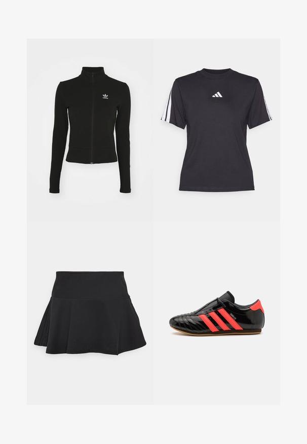 Čierna zipsová bunda s dlhými rukávmi, vyrobená z textúrovaného materiálu, s malým modrým logom Adidas na ľavej hrudi.; Čierne športové tričko vyrobené z mäkkého materiálu, s klasickým okrúhlym výstrihom, krátkymi rukávmi a tromi bielymi pruhmi na každom ramene. Biely logo na hrudi.; adidas Sportswear SKIRT - Športová sukňa - black; Čierne športové topánky s tromi horizontálnymi ružovými pruhmi, štýlový dizajn, hladký vrchný materiál z lesklej kože, gumová podrážka, textúrované švy.