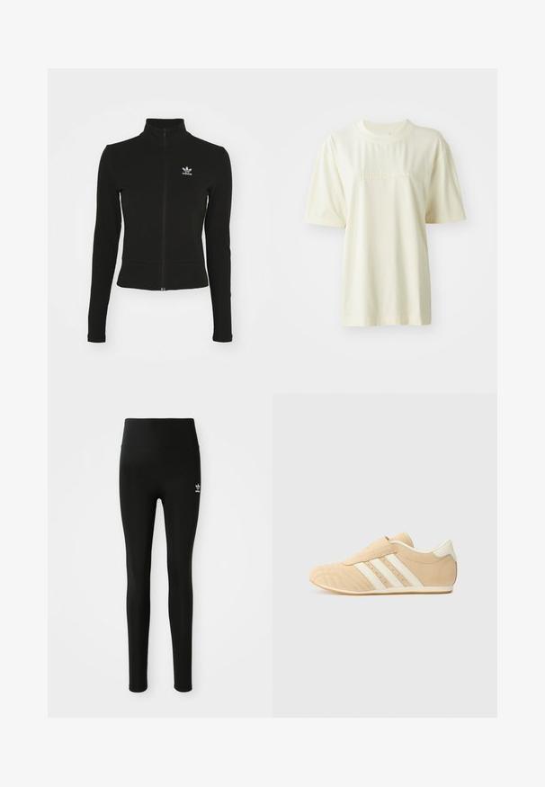 Must mustressede jakk, millel on pikad varrukad ja mis on valmistatud tekstuurilisest materjalist, ning mille vasakul rinnaku kohal on väike sinine Adidas'i logo.; Kreemikaalune puuvillane T-särk ümmarguse kaelusega, lühikeste varrukatega ja paisutatud "adidas" logoga rinnal. Sujuv tekstuur ja mugav lõige.; Mustemad elastsed retuusid kõrge vöökoha ja väikese valge Adidas logo'ga vasakul jalal. Sile tekstuur.; Kohvased ja kreemjad spordijalatsid siledast nahast pealsega, küljel on kolm valget triipu ja ümar varvas. Tekstuurse pealsega, kus on perforatsioonid.